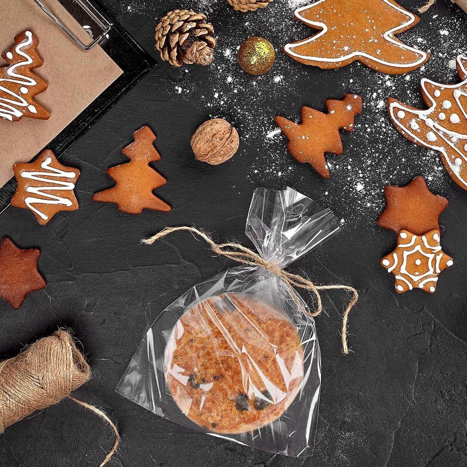 100 Pcs 10 in x 6 in(1.4mil.) Clear Flat Cello Cellophane Treat Bags Good for Bakery, Cookies, Candies,Dessert with 5 random Twist Ties!