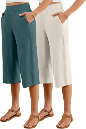 2 Pack Women's Linen Capri Pants Wide Leg Cropped Palazzo Trousers with Pockets High Waist Beach Summer Casual Pants(Flaxen, Haze Blue,X-Large)