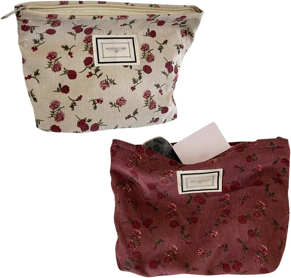 2 Pcs Corduroy Makeup Pouch Rose Flower Cosmetic Bag Portable Toiletry Organizer Bag Travel Beauty Pouch Multifunctional Zipper Makeup Organizer for Women Girls
