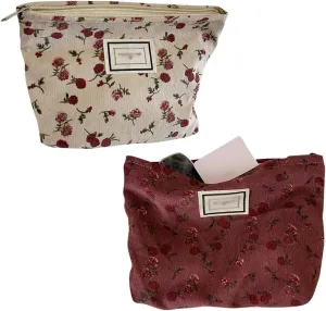 2 Pcs Corduroy Makeup Pouch Rose Flower Cosmetic Bag Portable Toiletry Organizer Bag Travel Beauty Pouch Multifunctional Zipper Makeup Organizer for Women Girls