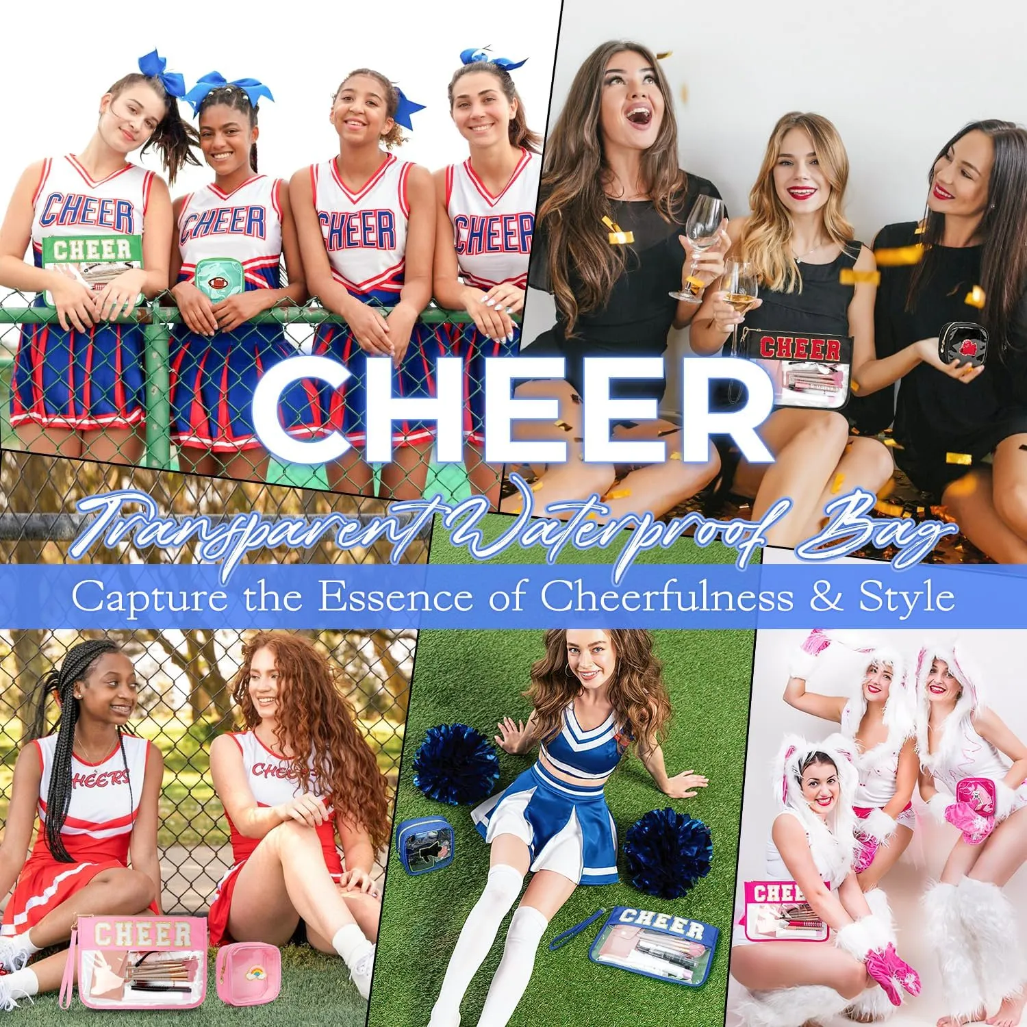 2Pcs Clear Cheer Bag Chenille Varsity Letter Makeup Bag Preppy Patch Pouch Waterproof PVC Toiletry Organizer Flat Travel Cosmetic Bag Cheerleader Gifts for Women(Cheer-Blue)