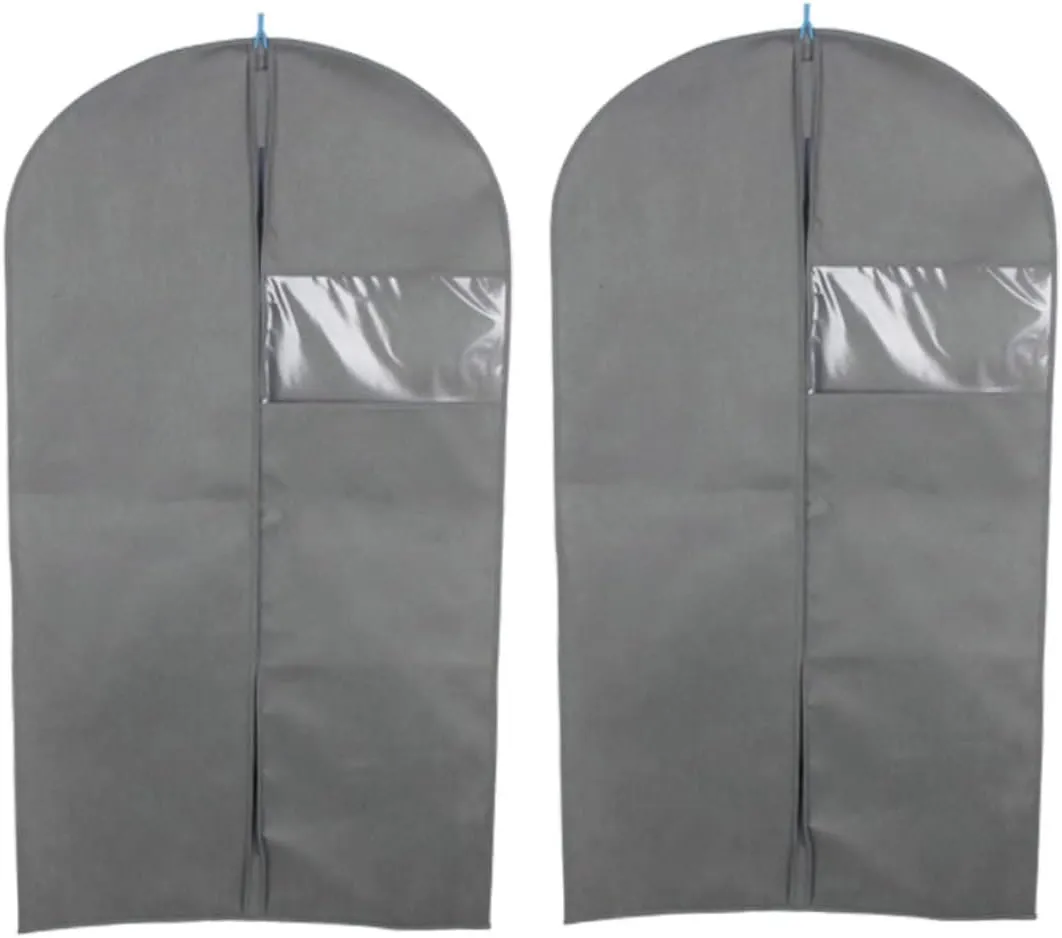 2pcs Non-woven Suit Cover Storage Bag Wardrobe Hanging Garment Cover for Formal Dress Zippered Travel Pouch Grey (60x108cm 60x128cm)
