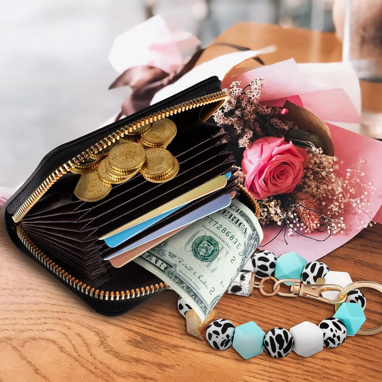 2Pcs Wrist Keychain Wallet Cow Key Wallet Holder Card Case with Keychain