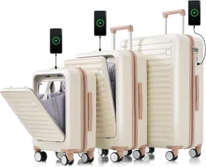 3-Piece ABS Luggage Set with USB Port, Spinner Wheels, & Front-Opening Design - Carry-On Approved (20", 24", 28")
