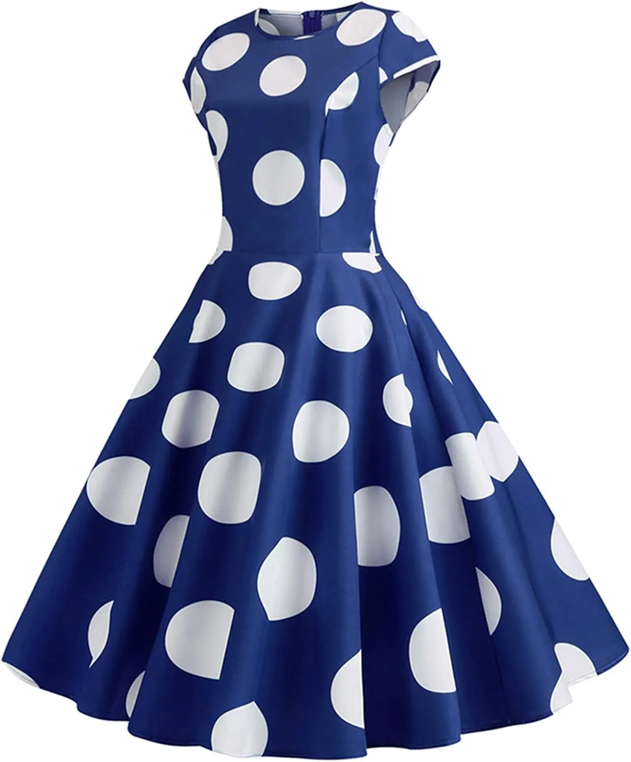 50s Outfits for Women Polka Dots Cap Sleeve Crew Neck Midi Sundress Rockabilly Swing A-Line Cocktail Party Dresses