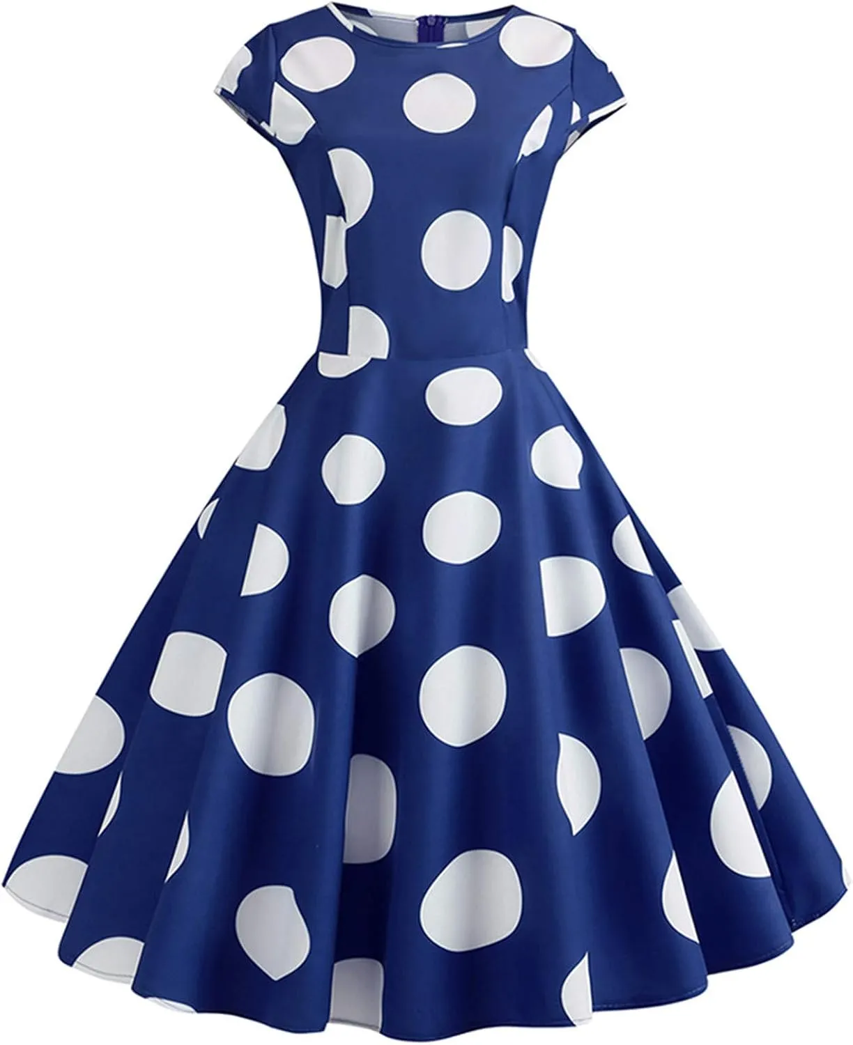 50s Outfits for Women Polka Dots Cap Sleeve Crew Neck Midi Sundress Rockabilly Swing A-Line Cocktail Party Dresses