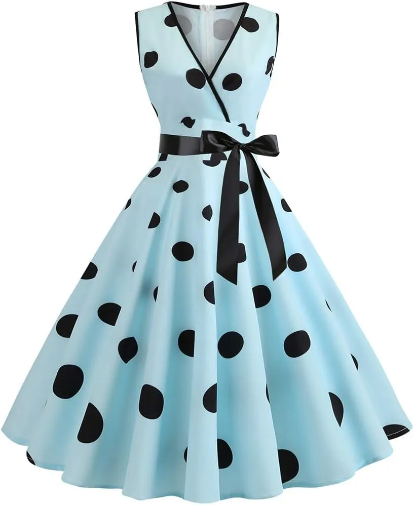 50s Style Dresses for Women Formal 2024 Sleeveless Polka Dots A-Line Swing Rockabilly Sundress Cocktail Party Dresses