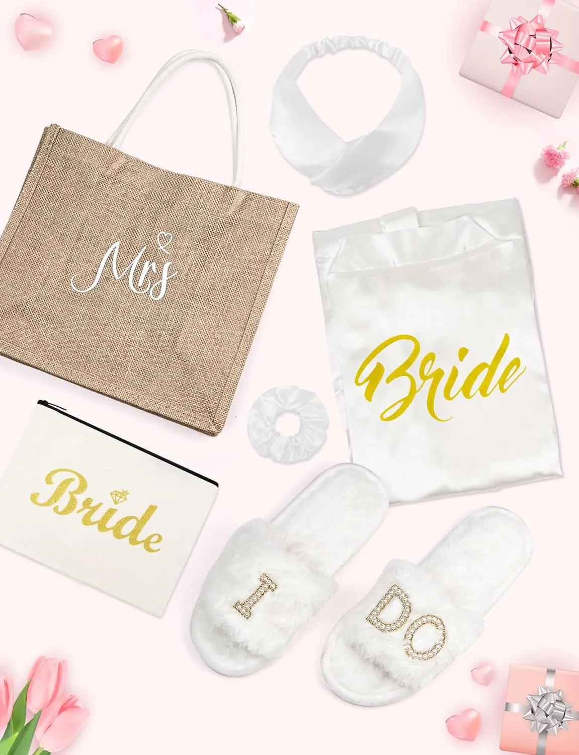 6 Pcs Bride Robe for Wedding Day Set Bridal Shower Gift with Slippers Makeup Bag Tote Bag White Satin Robe Bachelorette Party
