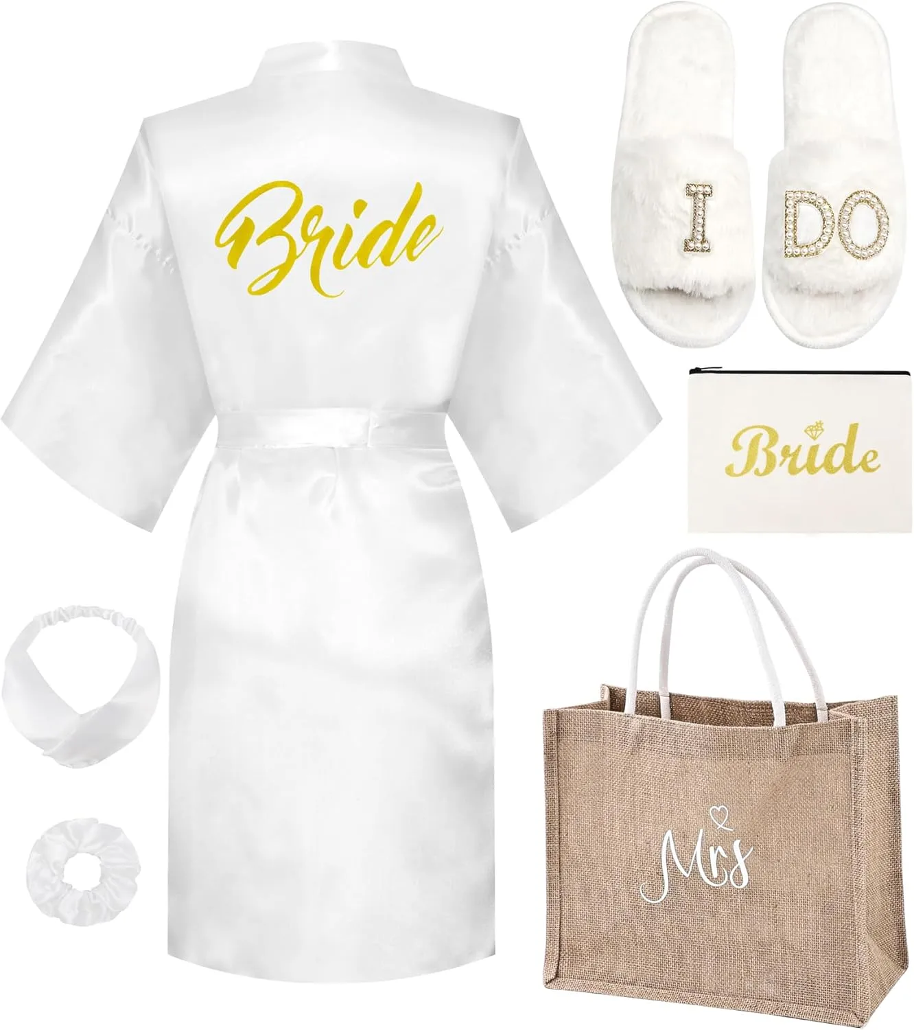 6 Pcs Bride Robe for Wedding Day Set Bridal Shower Gift with Slippers Makeup Bag Tote Bag White Satin Robe Bachelorette Party