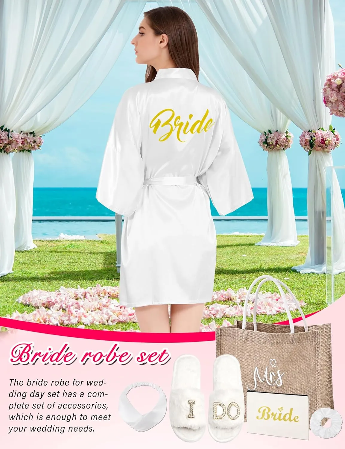 6 Pcs Bride Robe for Wedding Day Set Bridal Shower Gift with Slippers Makeup Bag Tote Bag White Satin Robe Bachelorette Party