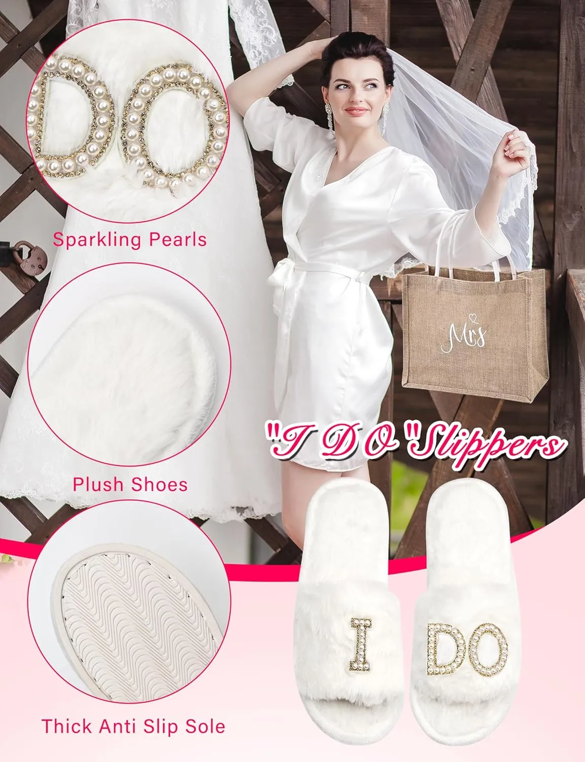 6 Pcs Bride Robe for Wedding Day Set Bridal Shower Gift with Slippers Makeup Bag Tote Bag White Satin Robe Bachelorette Party