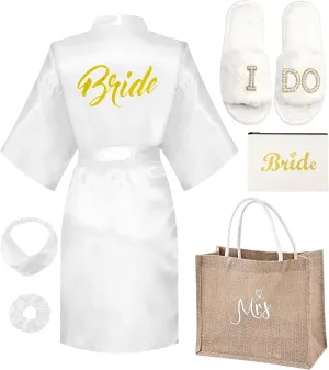 6 Pcs Bride Robe for Wedding Day Set Bridal Shower Gift with Slippers Makeup Bag Tote Bag White Satin Robe Bachelorette Party