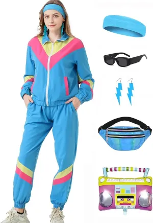 80s Tracksuit for Women Retro Windbreaker Outfit 90s Color Block Sportswear Set with Jacket Sweatpants