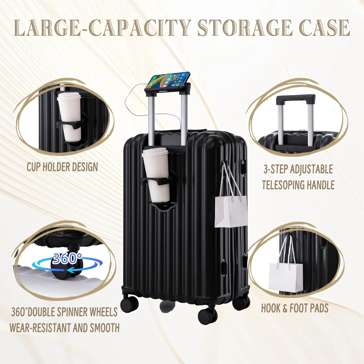 ABS Spinner Wheel Luggage Set with Cup Holder & USB Port (20/24/28) - Durable Waterproof Suitcase(Black)
