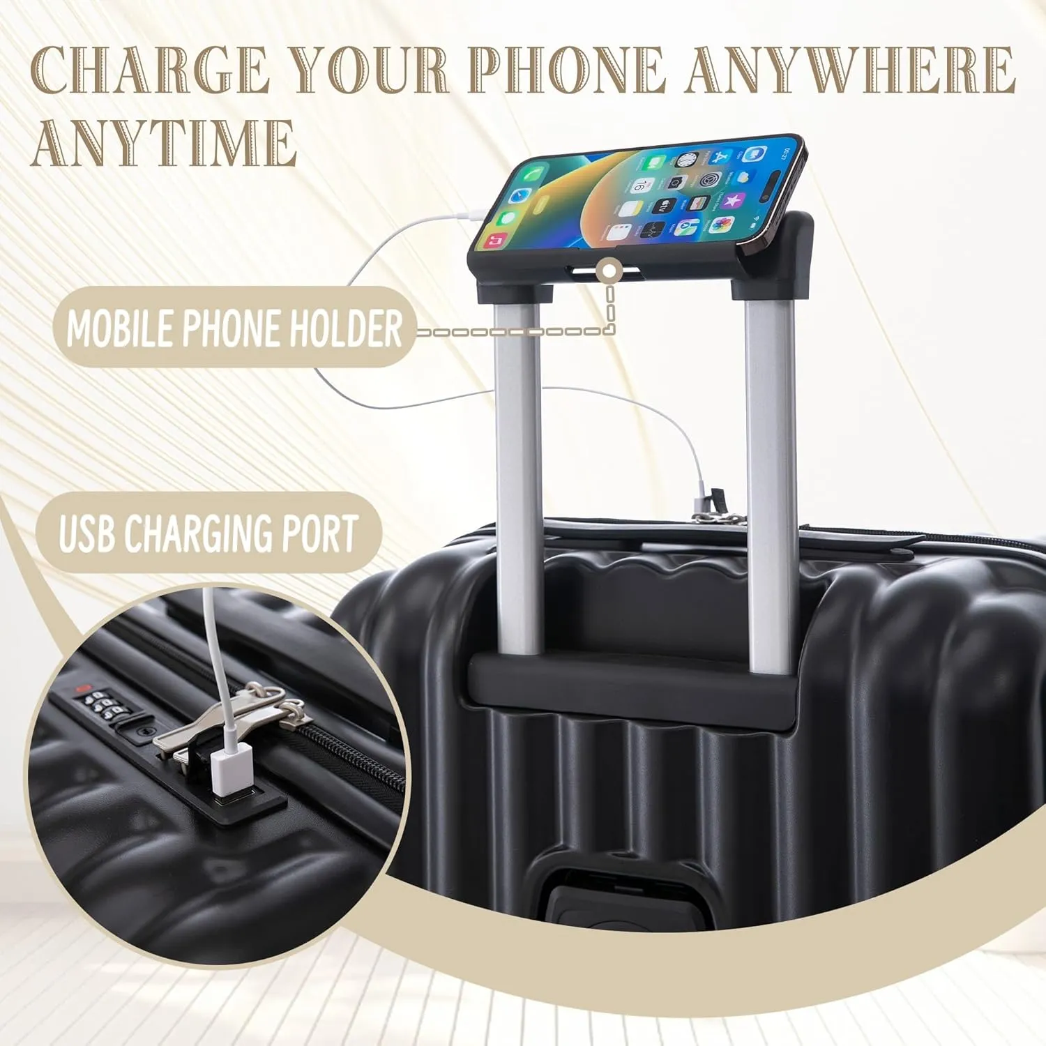 ABS Spinner Wheel Luggage Set with Cup Holder & USB Port (20/24/28) - Durable Waterproof Suitcase(Black)