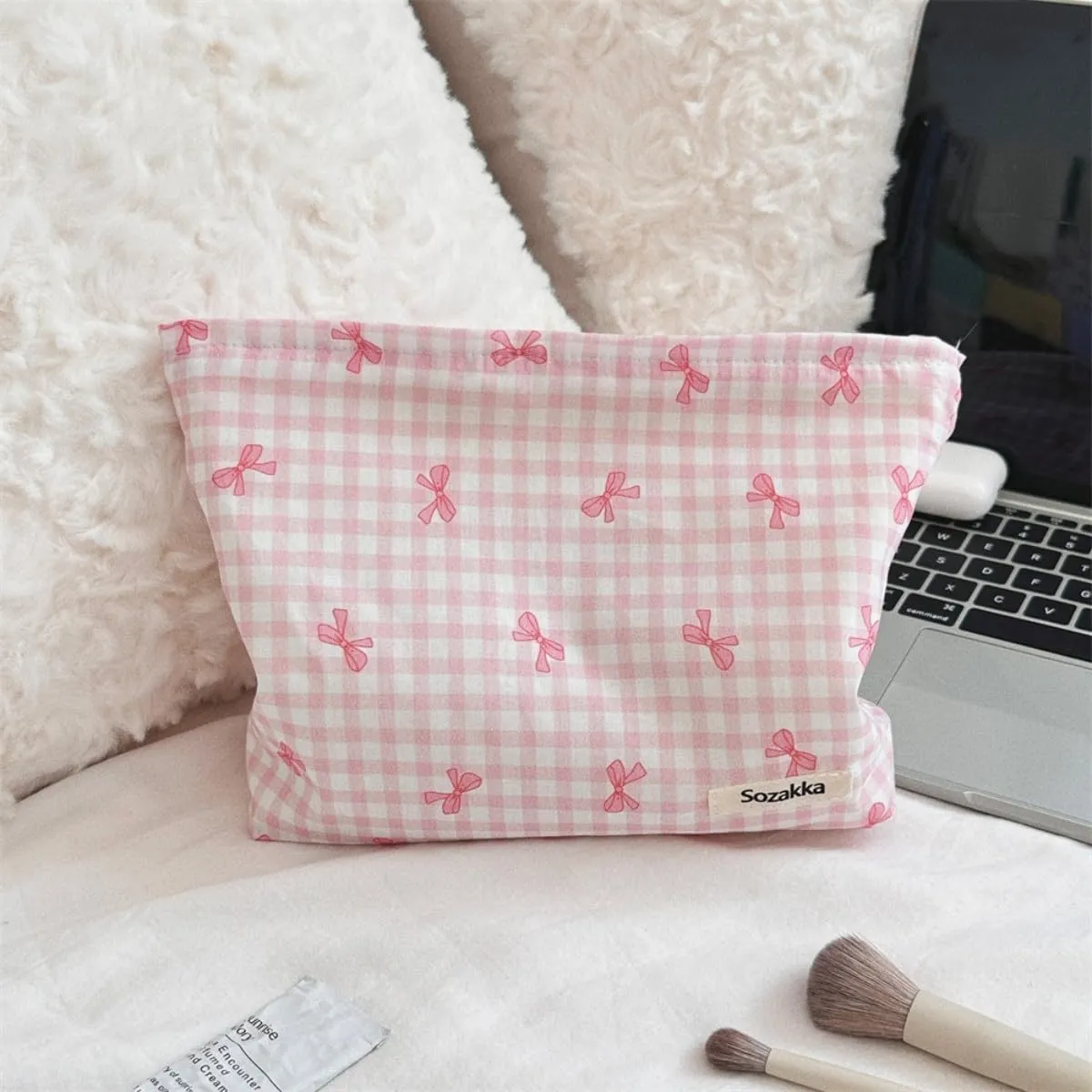 Aesthetic Makeup Bag Cosmetic Bags for Women and Girls, Large Capacity Canvas Travel Makeup Organizer Bag Zipper Pouch (Check bow pink)