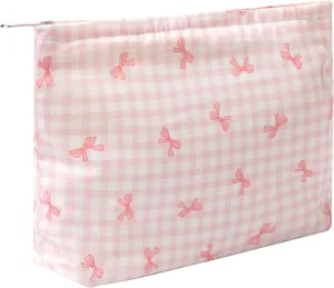 Aesthetic Makeup Bag Cosmetic Bags for Women and Girls, Large Capacity Canvas Travel Makeup Organizer Bag Zipper Pouch (Check bow pink)