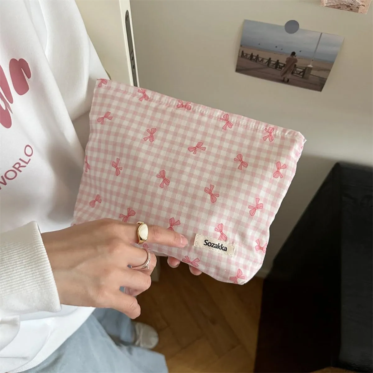 Aesthetic Makeup Bag Cosmetic Bags for Women and Girls, Large Capacity Canvas Travel Makeup Organizer Bag Zipper Pouch (Check bow pink)