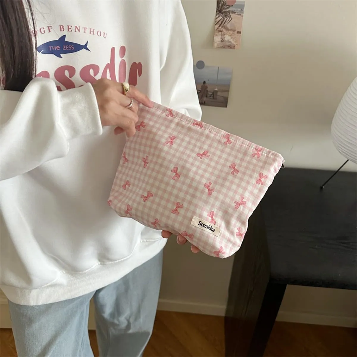 Aesthetic Makeup Bag Cosmetic Bags for Women and Girls, Large Capacity Canvas Travel Makeup Organizer Bag Zipper Pouch (Check bow pink)