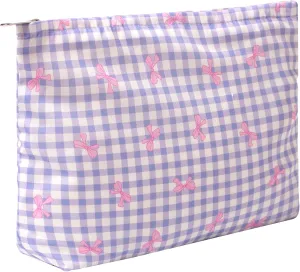 Aesthetic Makeup Bag Cosmetic Bags for Women and Girls, Large Capacity Canvas Travel Makeup Organizer Bag Zipper Pouch (Check bow purple)