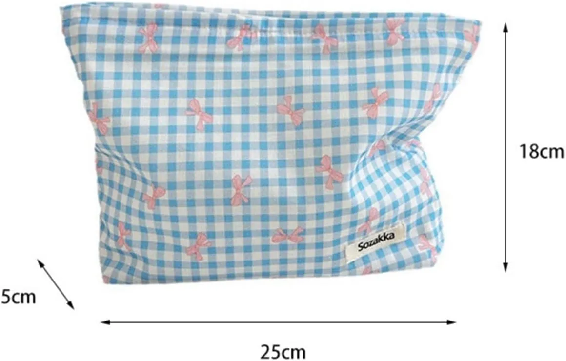 Aesthetic Makeup Bag Cosmetic Bags for Women and Girls, Large Capacity Canvas Travel Makeup Organizer Bag Zipper Pouch (Check bow purple)