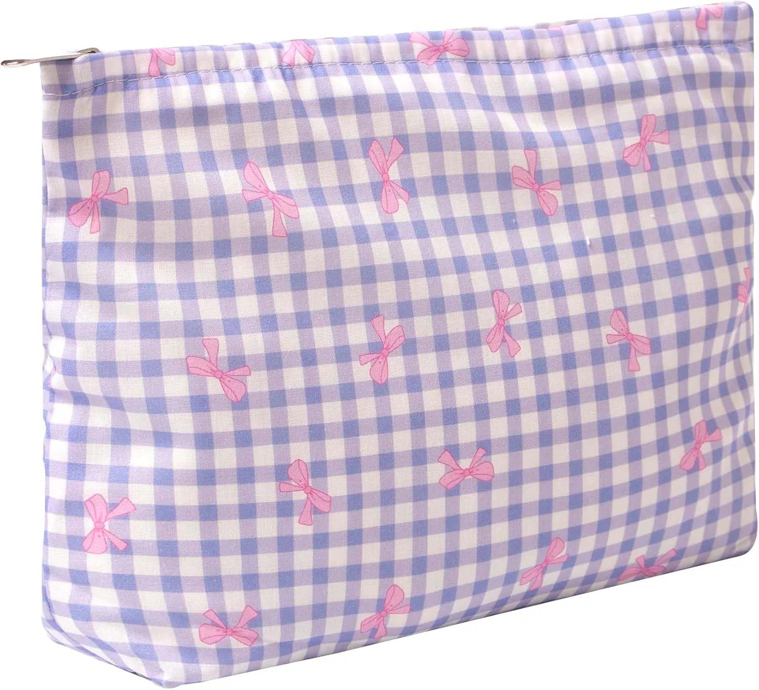 Aesthetic Makeup Bag Cosmetic Bags for Women and Girls, Large Capacity Canvas Travel Makeup Organizer Bag Zipper Pouch (Check bow purple)
