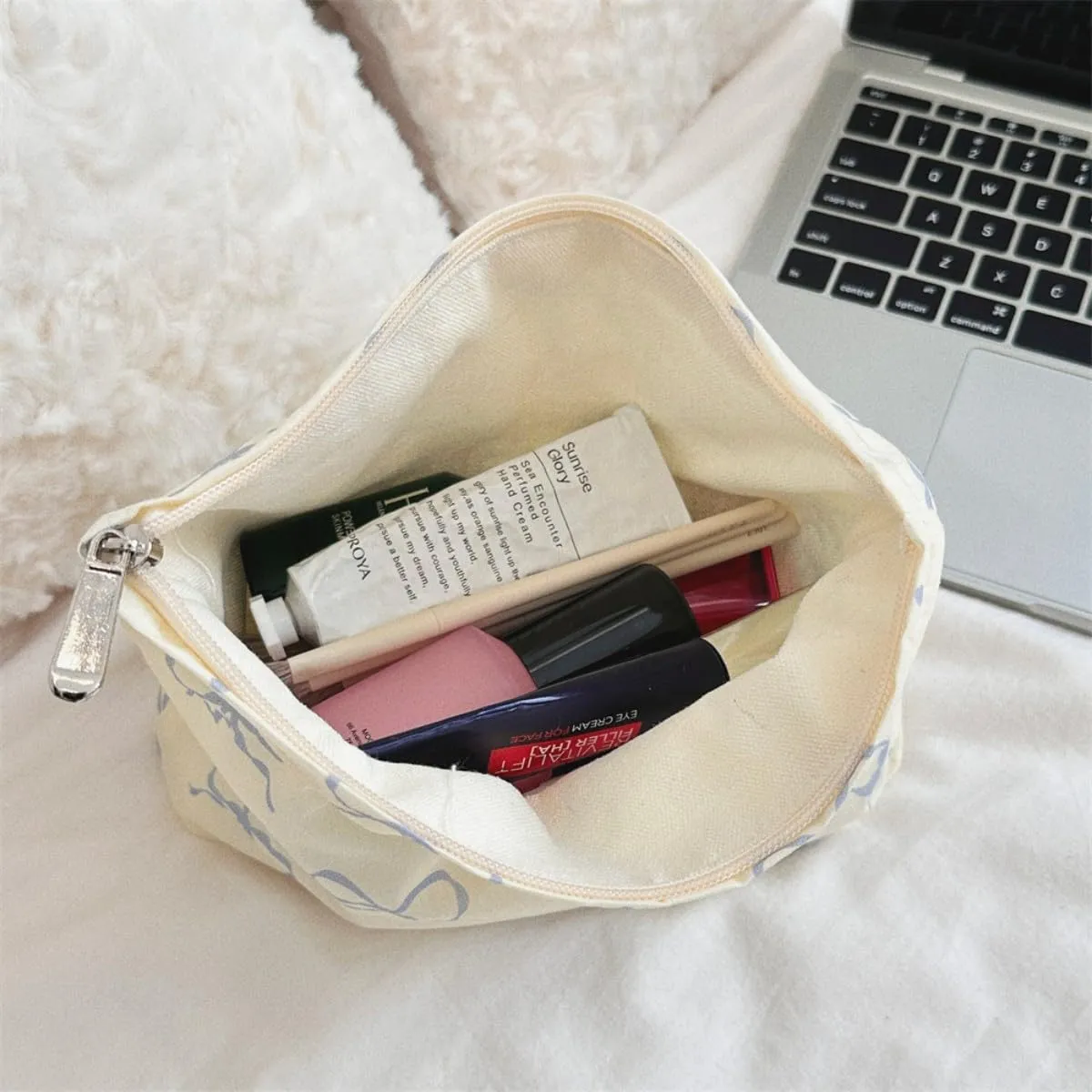 Aesthetic Makeup Bag Cosmetic Bags for Women and Girls, Large Capacity Canvas Travel Makeup Organizer Bag Zipper Pouch (Check bow purple)