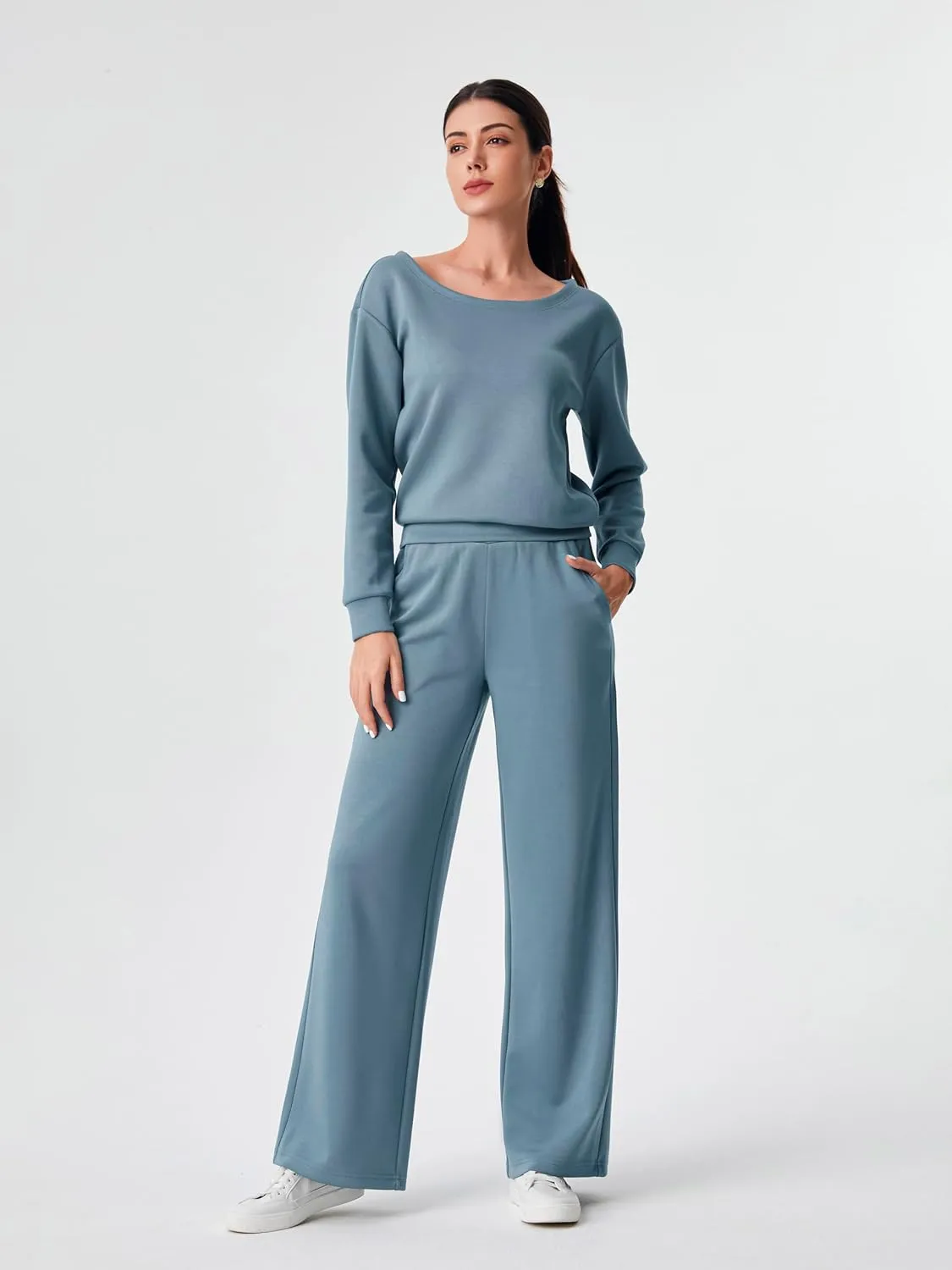 AFITNE Women 2 Piece Outfits Sets Off-Shoulder Long Sleeve Wide Leg Tracksuits with Pockets
