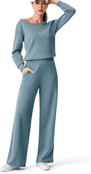 AFITNE Women 2 Piece Outfits Sets Off-Shoulder Long Sleeve Wide Leg Tracksuits with Pockets