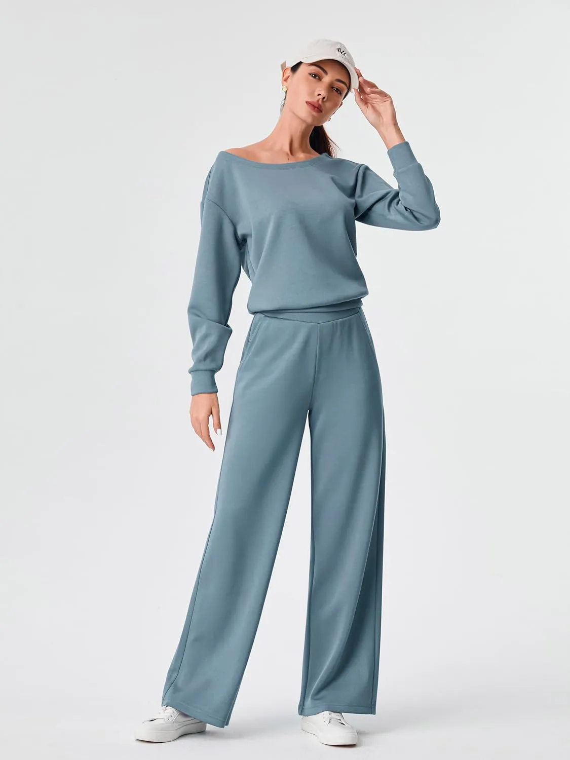 AFITNE Women 2 Piece Outfits Sets Off-Shoulder Long Sleeve Wide Leg Tracksuits with Pockets