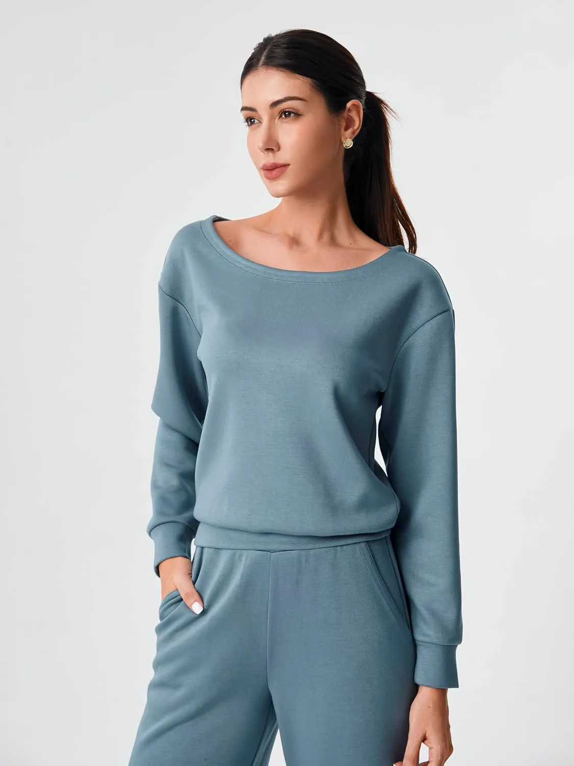 AFITNE Women 2 Piece Outfits Sets Off-Shoulder Long Sleeve Wide Leg Tracksuits with Pockets