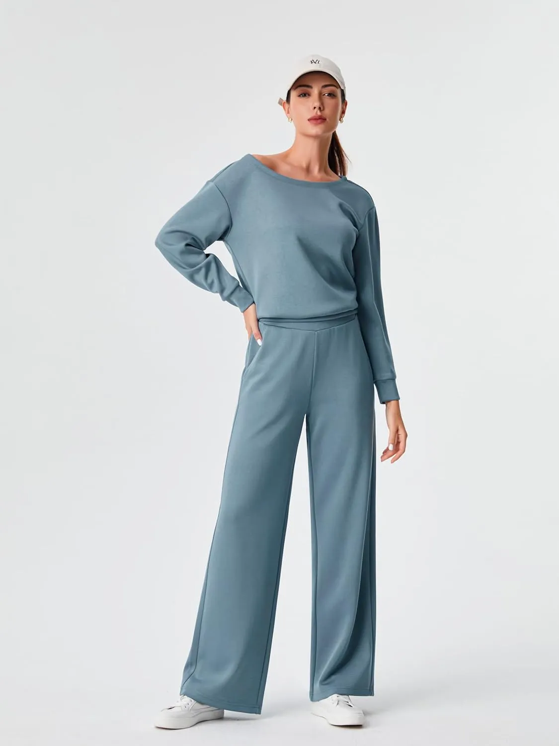 AFITNE Women 2 Piece Outfits Sets Off-Shoulder Long Sleeve Wide Leg Tracksuits with Pockets