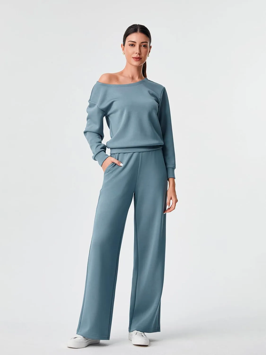 AFITNE Women 2 Piece Outfits Sets Off-Shoulder Long Sleeve Wide Leg Tracksuits with Pockets