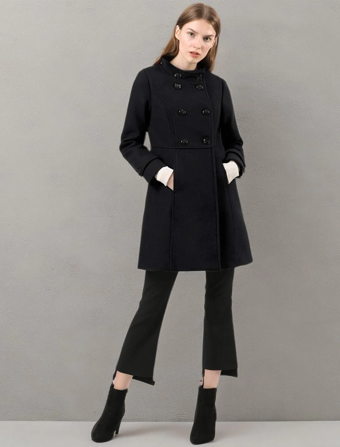 Allegra K Women's Stand Collar Double Breasted Slant Pockets Trendy Outwear Winter Coat