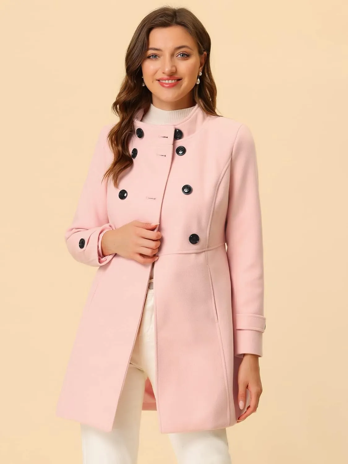 Allegra K Women's Stand Collar Double Breasted Slant Pockets Trendy Outwear Winter Coat