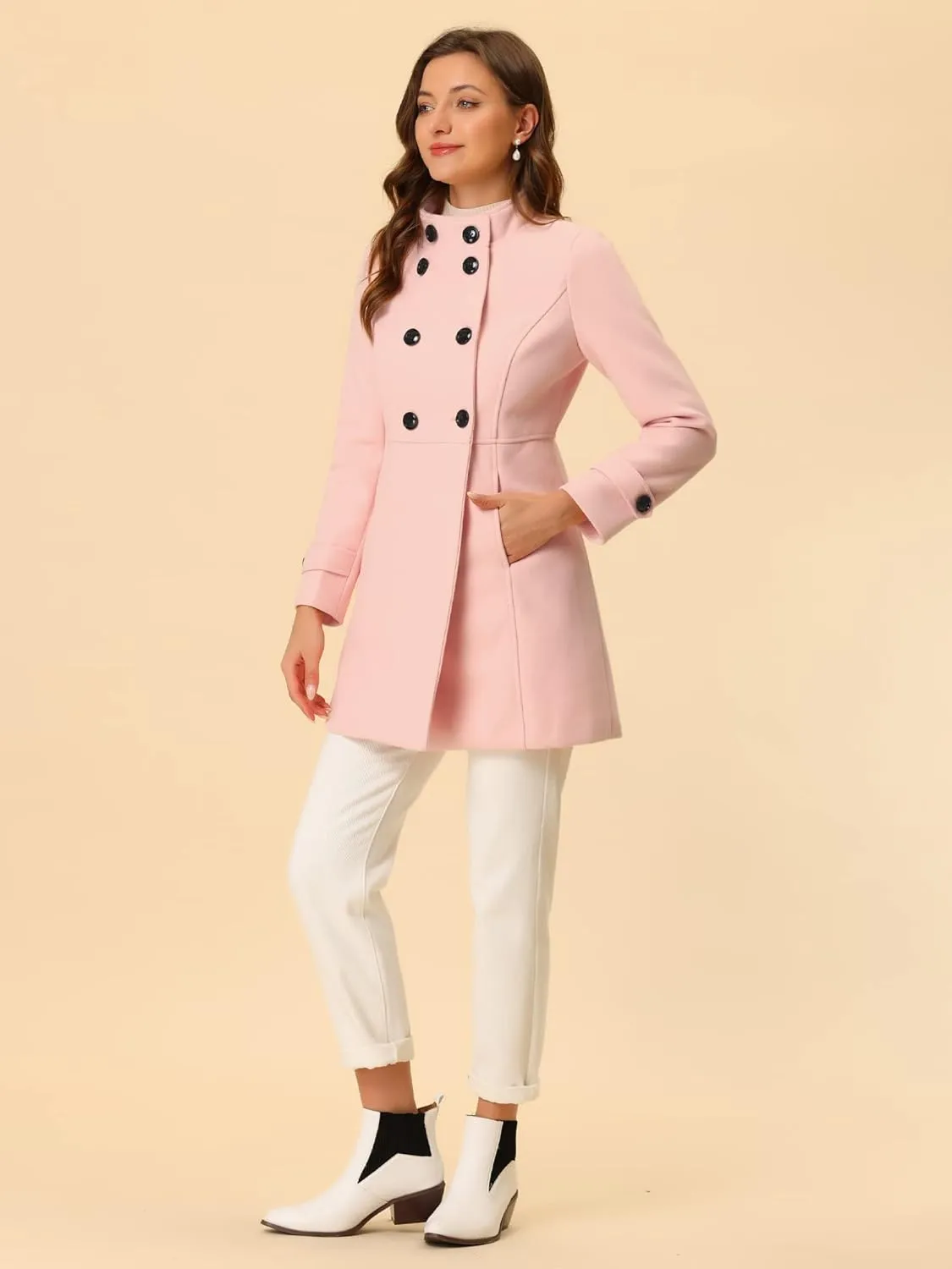 Allegra K Women's Stand Collar Double Breasted Slant Pockets Trendy Outwear Winter Coat