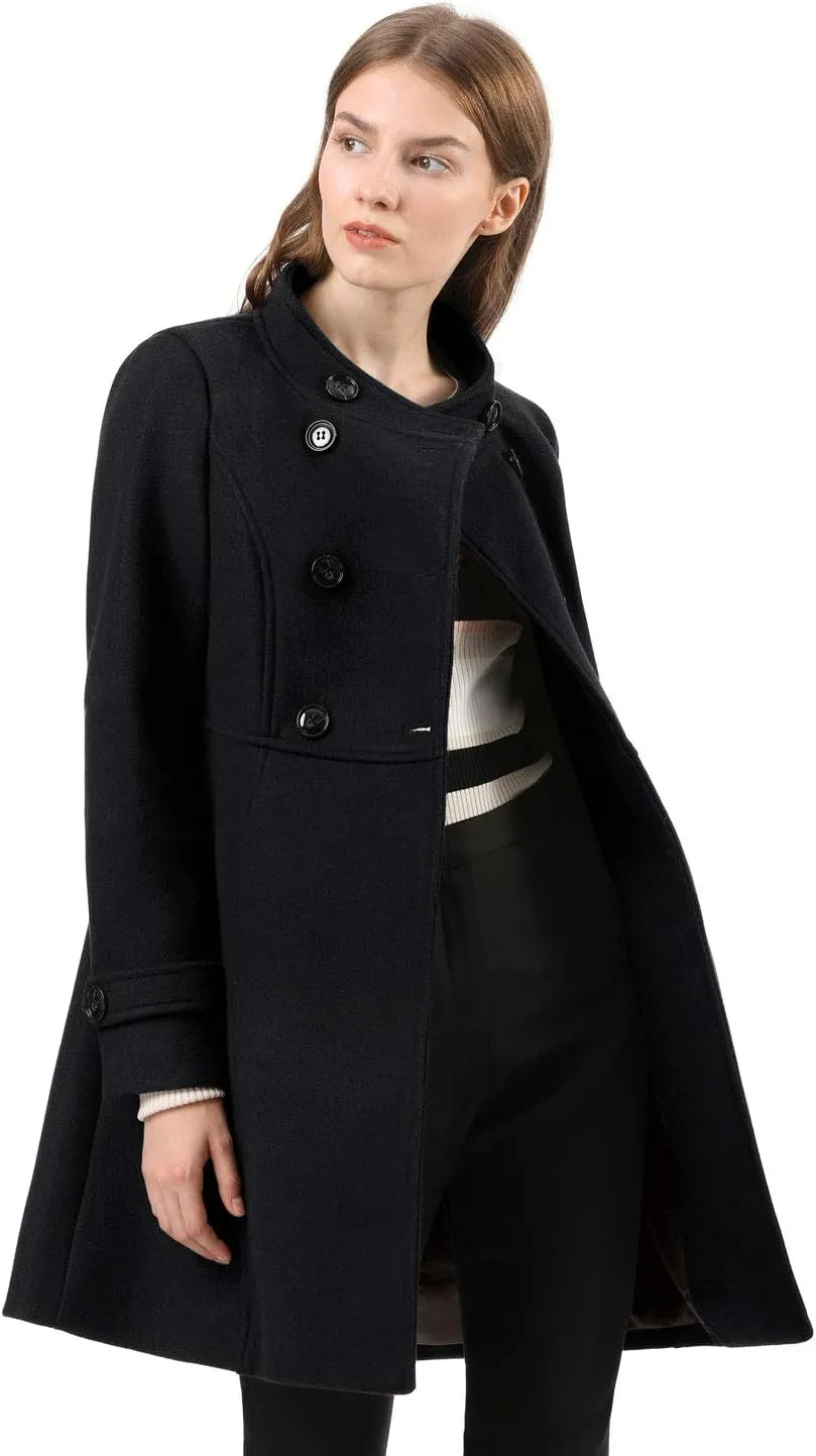 Allegra K Women's Stand Collar Double Breasted Slant Pockets Trendy Outwear Winter Coat