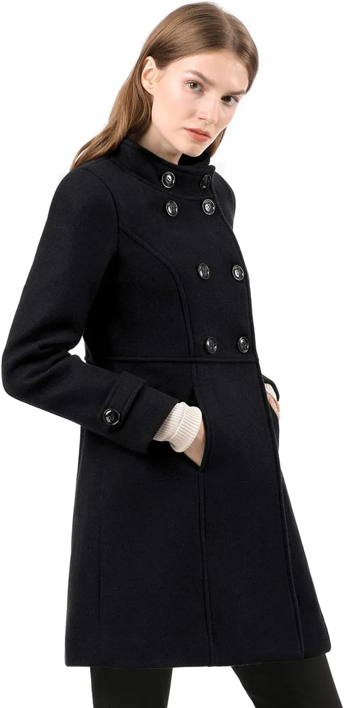 Allegra K Women's Stand Collar Double Breasted Slant Pockets Trendy Outwear Winter Coat