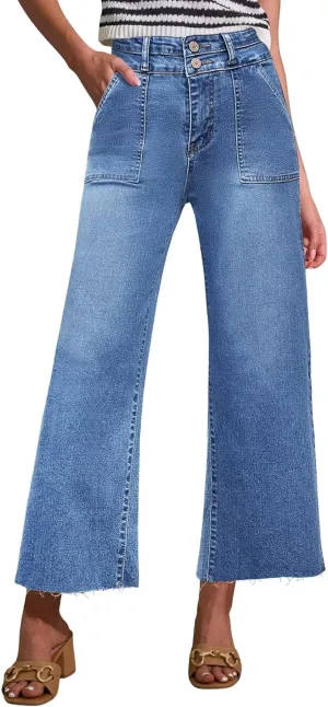 Allimy Womens High Rise Two Button Closure Cropped Jeans Wide Leg Front Slip Pockets Frayed Hem Denim Pant