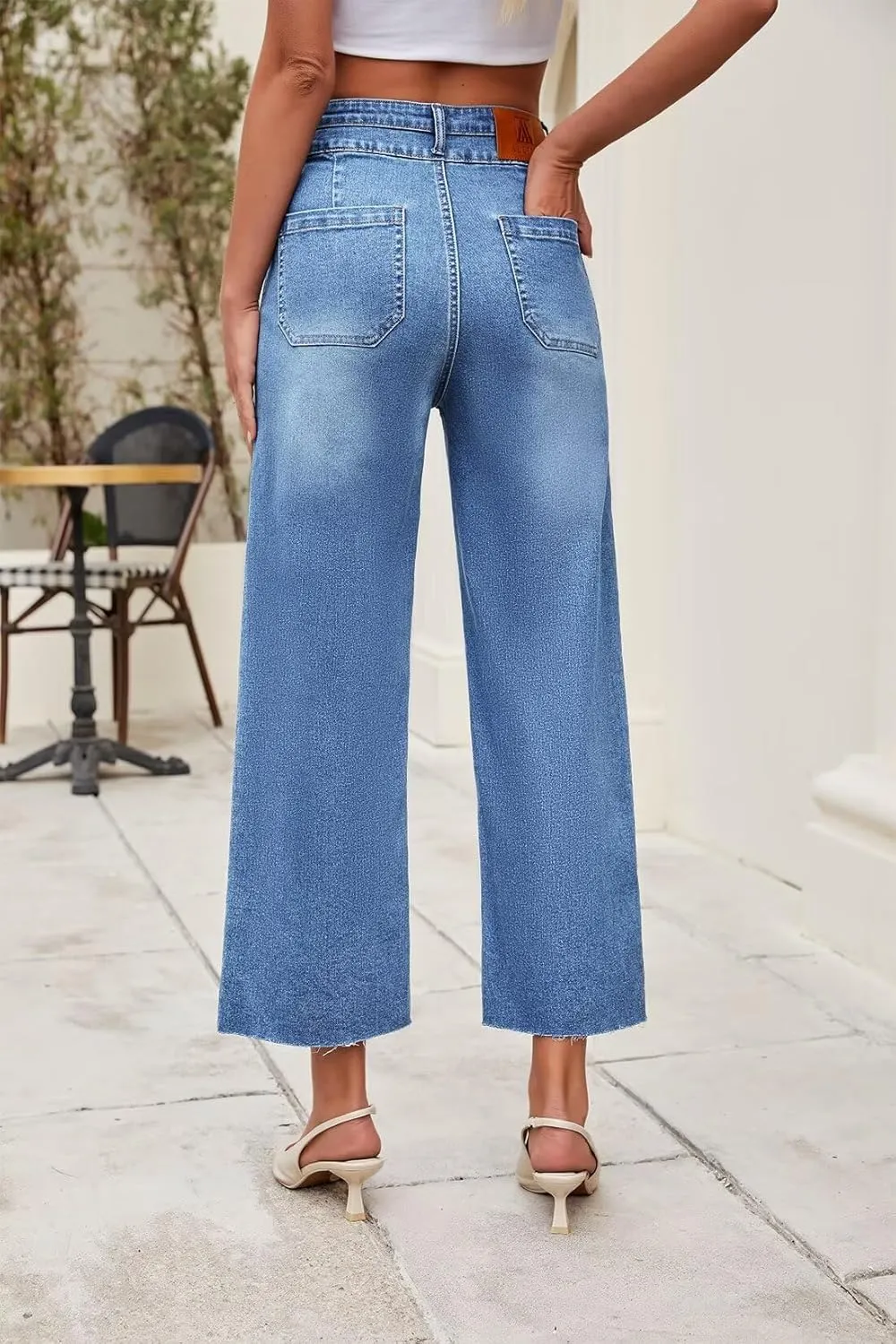 Allimy Womens High Rise Two Button Closure Cropped Jeans Wide Leg Front Slip Pockets Frayed Hem Denim Pant