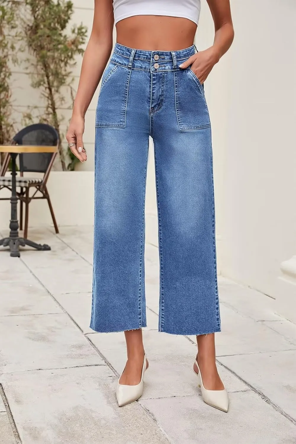 Allimy Womens High Rise Two Button Closure Cropped Jeans Wide Leg Front Slip Pockets Frayed Hem Denim Pant