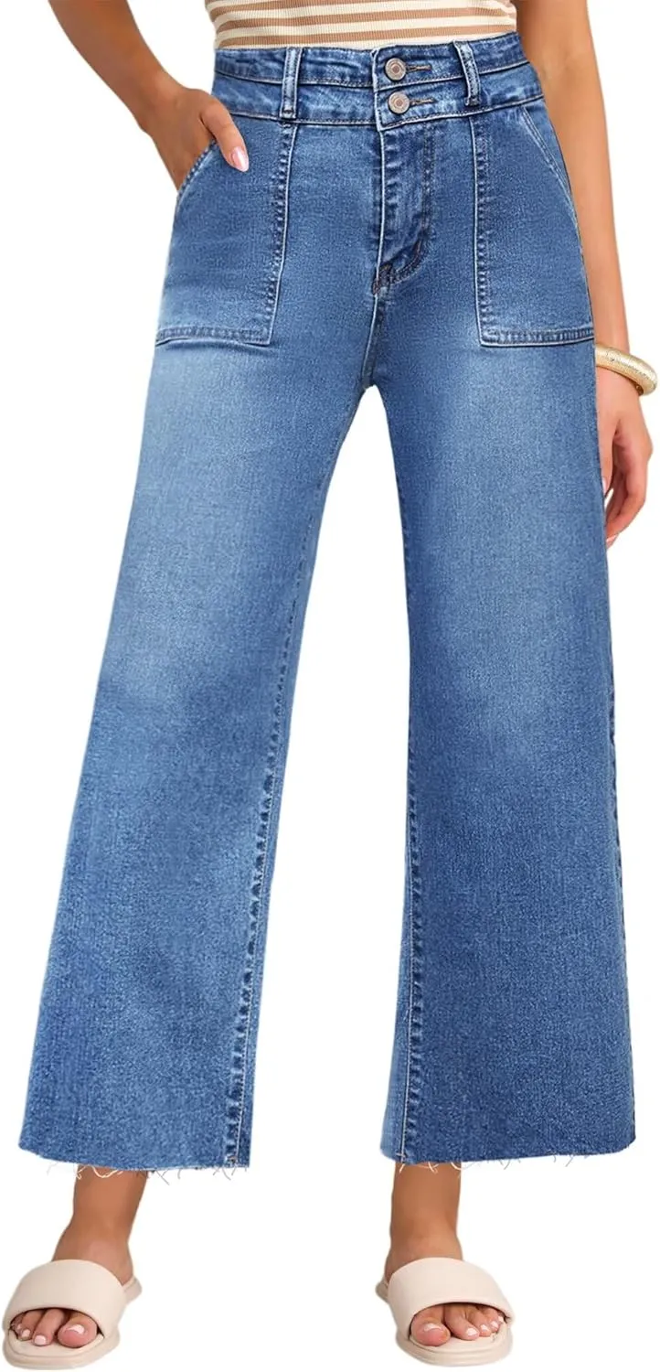 Allimy Womens High Rise Two Button Closure Cropped Jeans Wide Leg Front Slip Pockets Frayed Hem Denim Pant