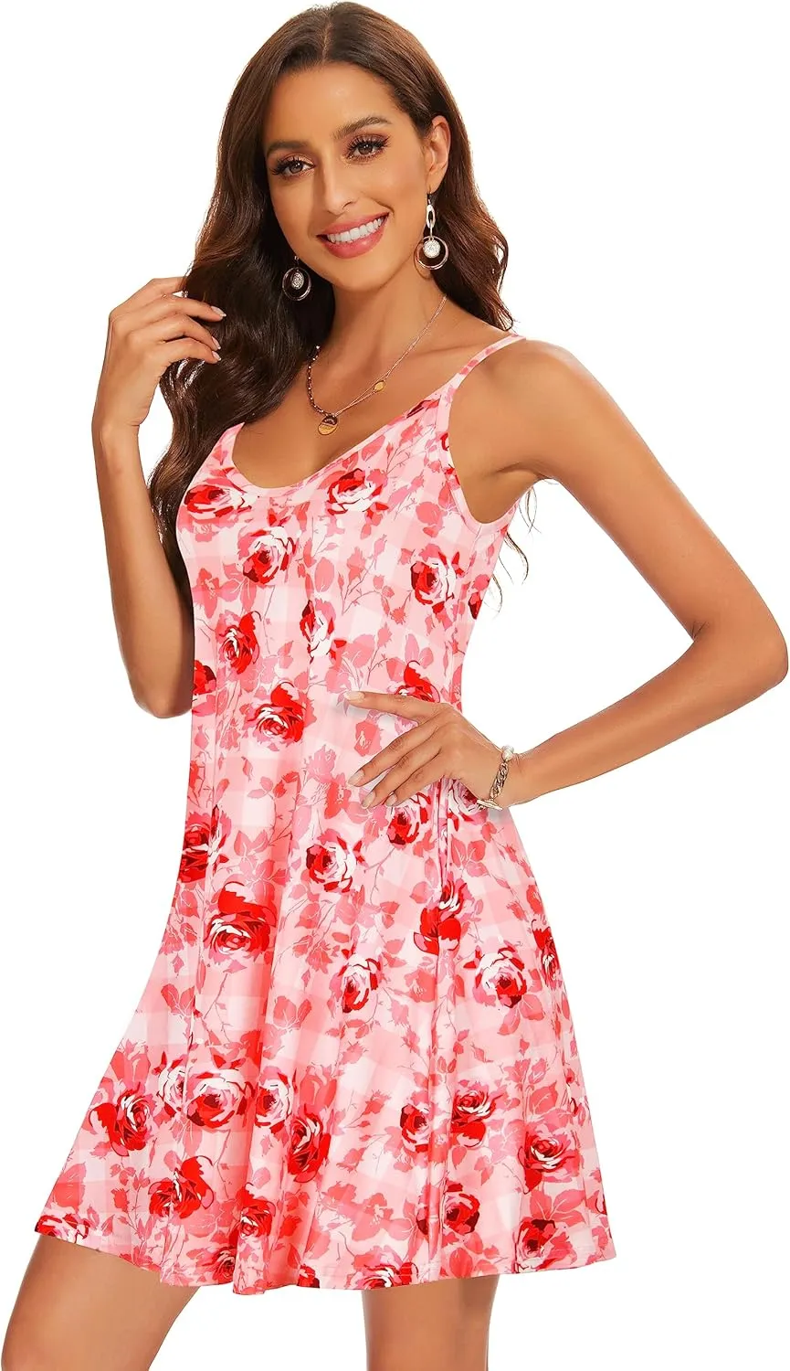 AM CLOTHES Summer Causal Dresses for Women Beach Cover Ups Mini Sundress Spaghetti Strap V-Neck with Pockets