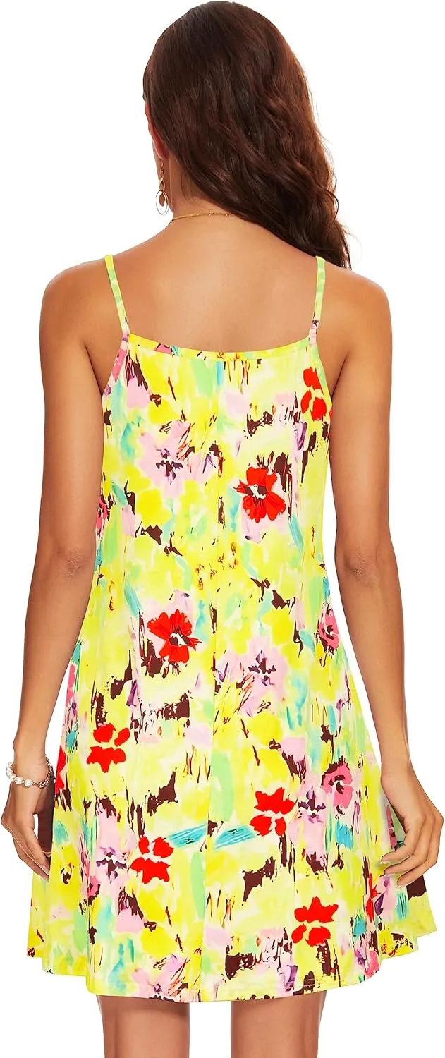 AM CLOTHES Summer Causal Dresses for Women Beach Cover Ups Mini Sundress Spaghetti Strap V-Neck with Pockets