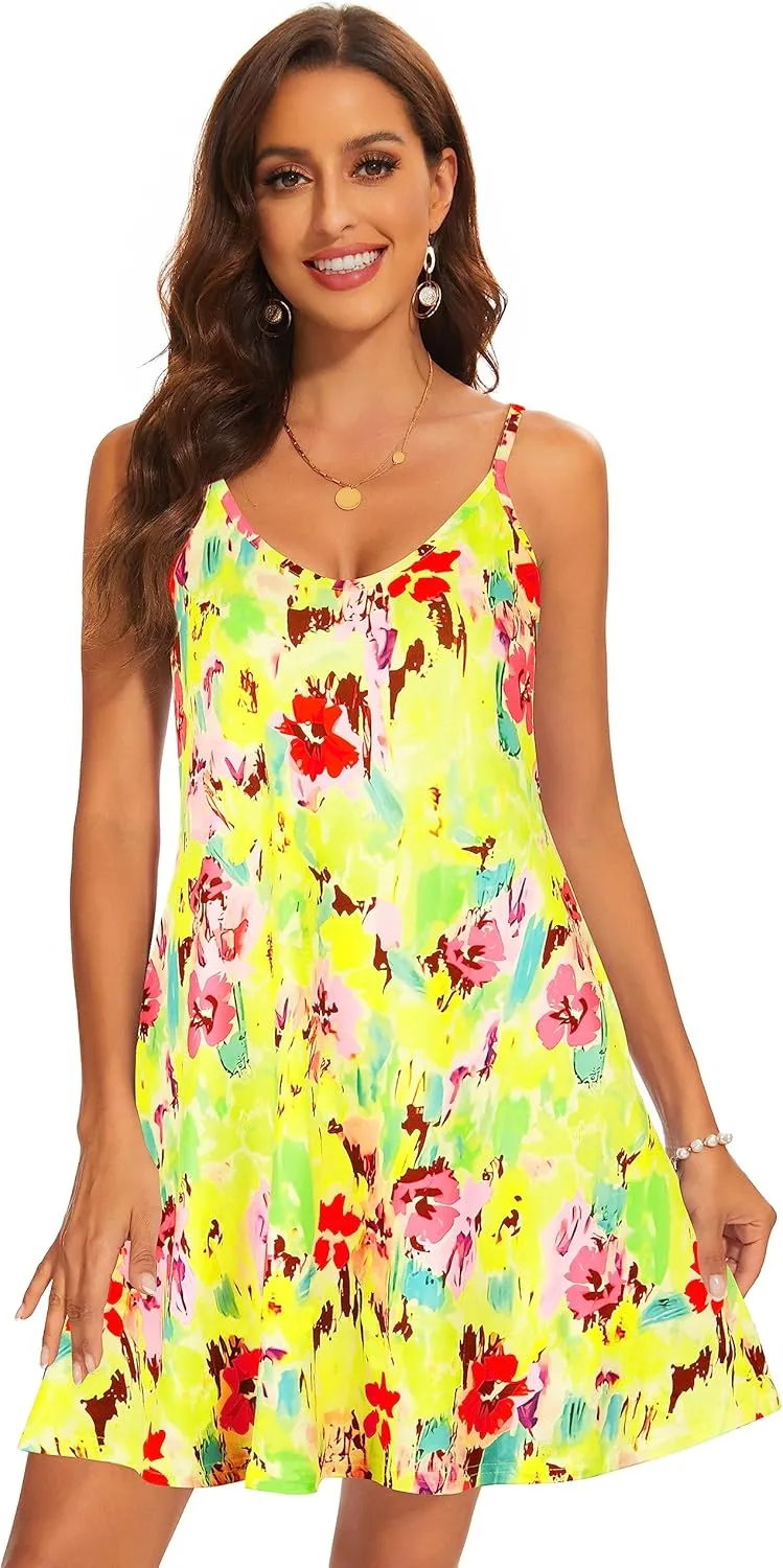 AM CLOTHES Summer Causal Dresses for Women Beach Cover Ups Mini Sundress Spaghetti Strap V-Neck with Pockets
