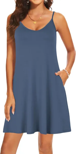 AM CLOTHES Summer Causal Dresses for Women Beach Cover Ups Mini Sundress Spaghetti Strap V-Neck with Pockets