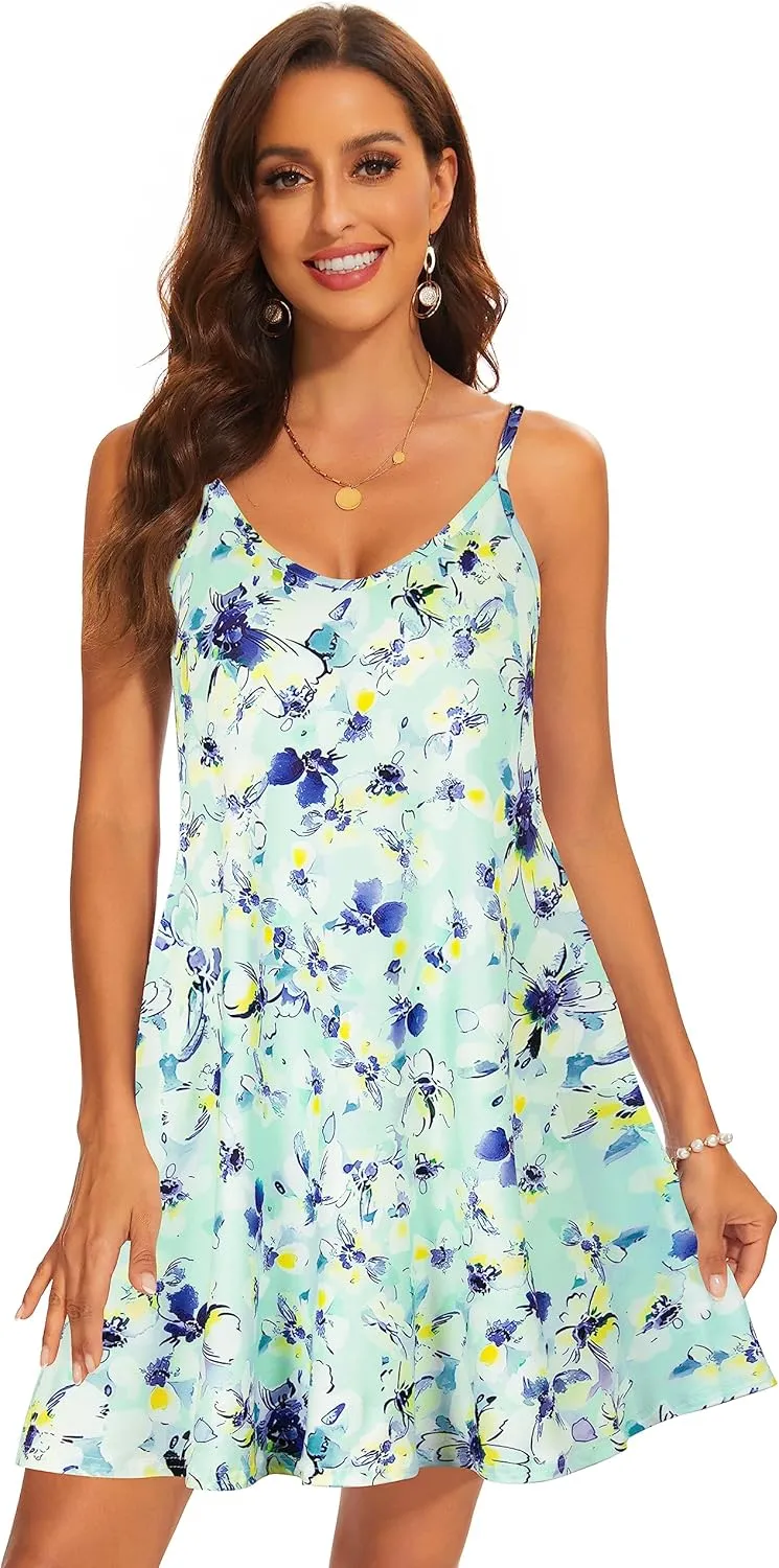 AM CLOTHES Summer Causal Dresses for Women Beach Cover Ups Mini Sundress Spaghetti Strap V-Neck with Pockets
