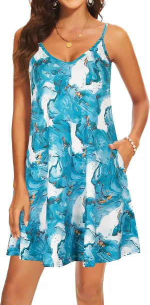 AM CLOTHES Summer Causal Dresses for Women Beach Cover Ups Mini Sundress Spaghetti Strap V-Neck with Pockets