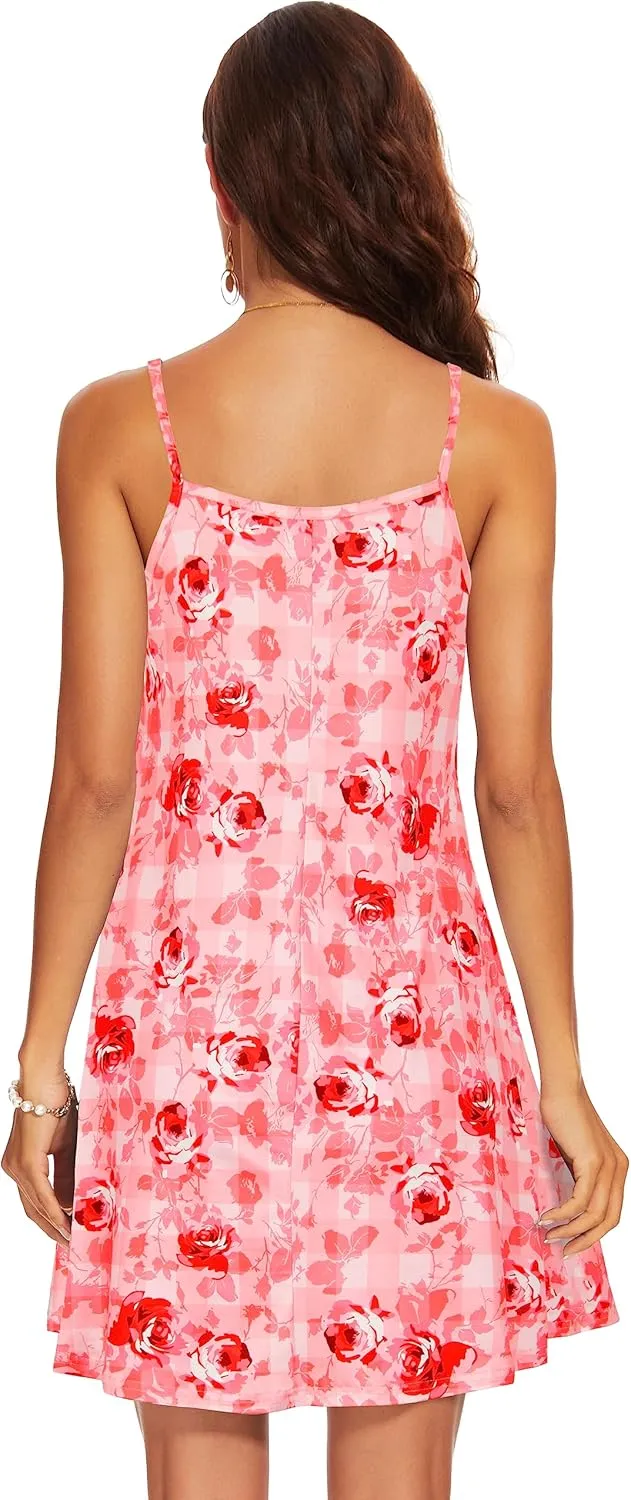 AM CLOTHES Summer Causal Dresses for Women Beach Cover Ups Mini Sundress Spaghetti Strap V-Neck with Pockets