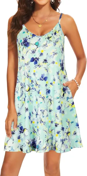 AM CLOTHES Summer Causal Dresses for Women Beach Cover Ups Mini Sundress Spaghetti Strap V-Neck with Pockets